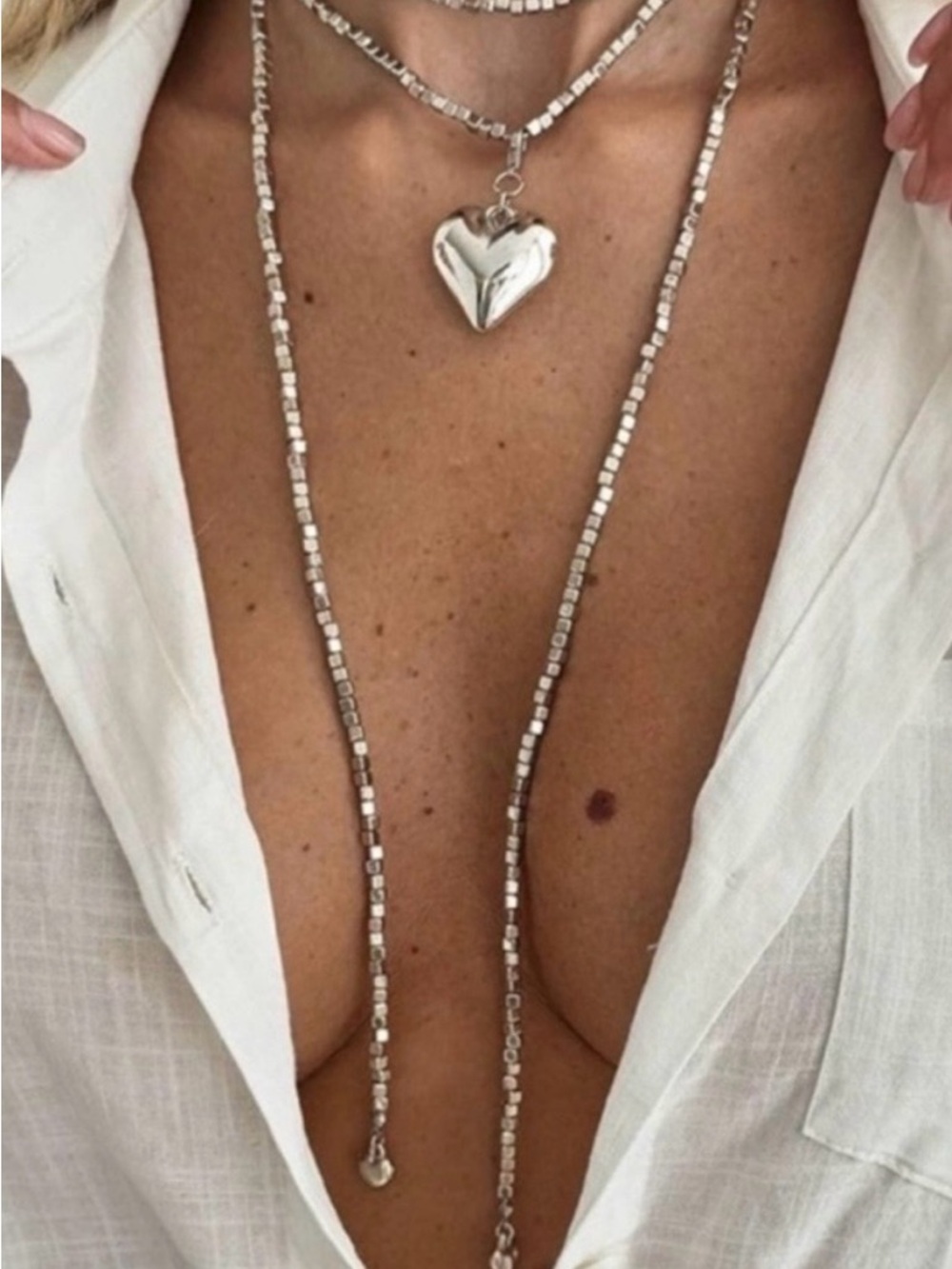 Anthropologie Silver Layered Heart Charm Necklace